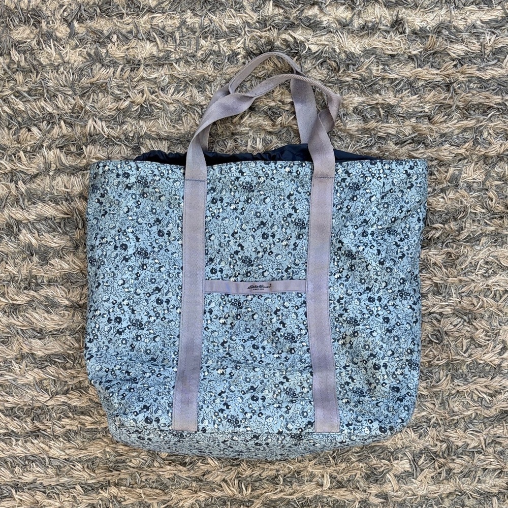 Eddie Bauer LARGE Blue Floral Tote, with Drawstring Pouch/Liner